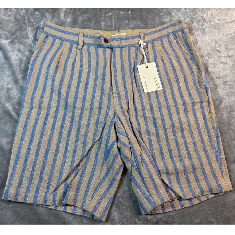 Gant Rugger Shorts Mens EU Size 48 / US 32 Tan Striped Linen Blend Pleated NWT
